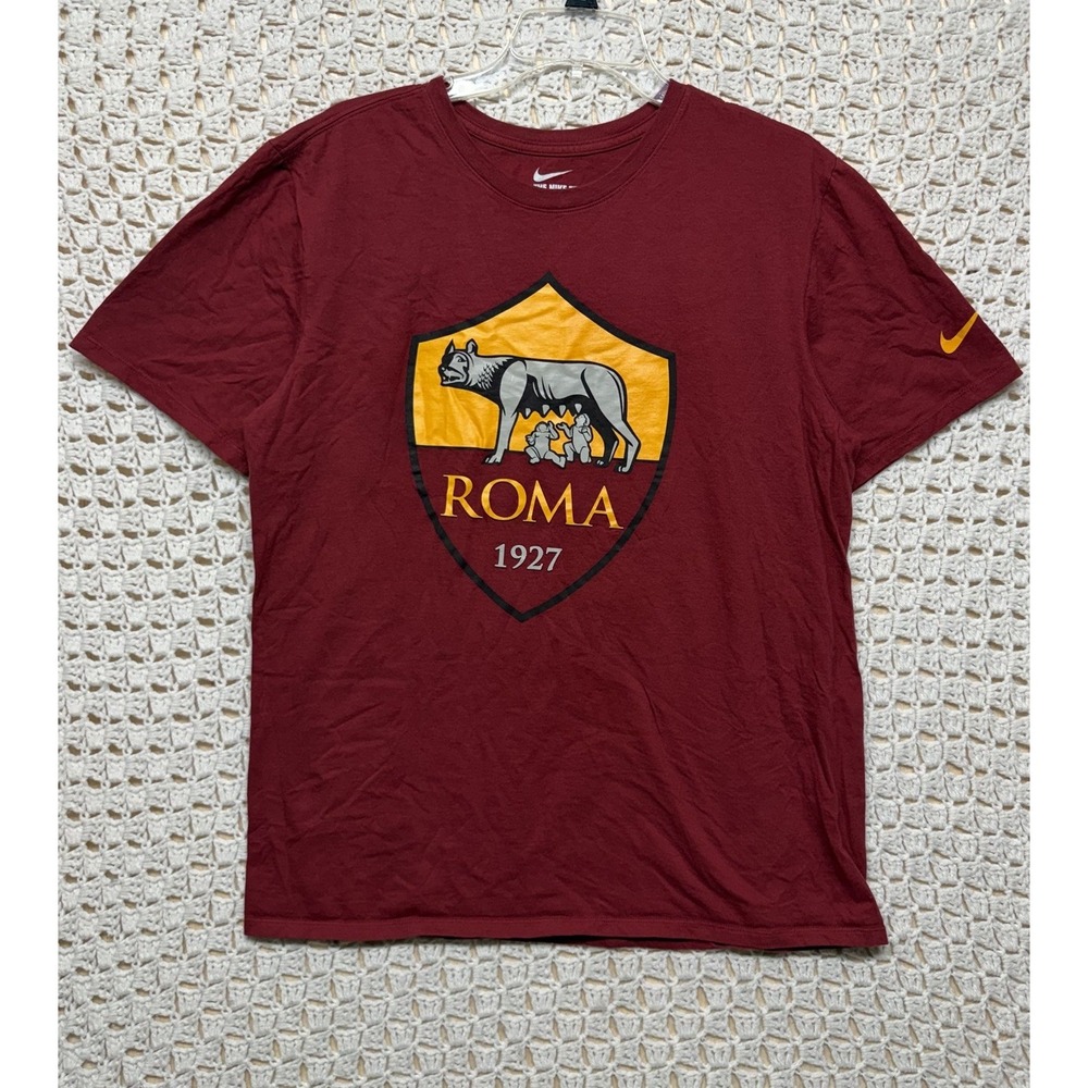 Nike AS Roma 19.27 The Nike Tee Football Shirt Sz L Red Athletic Cut 100% Cotton